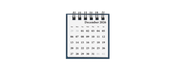 Desktop calendar for December 2026 in white colour. Mini planner for business and finance, spiral view on isolated white background close up.