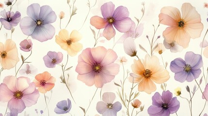 Beautiful seamless floral water color pattern Set, watercolor wild flowers, leaves and grass,Collection botanic garden elements, isolated illustration in rustic or vintage style,copy space.