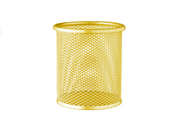 metallic Glass of yellow color for stationery, pencils, pens, scissors, ruler, on an isolated white...