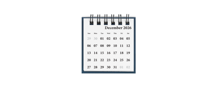 Desktop calendar for December 2026 in white colour. Mini planner for business and finance, spiral view on isolated white background close up.