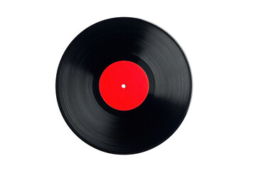 Obraz premium Classic black vinyl record with red label on black background, cut out
