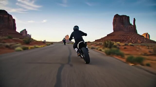 Motorcycle rider speeding through desert road