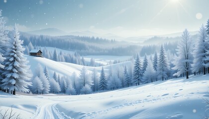 Obraz premium Peaceful winter landscape with snow-covered trees and cozy cabin under soft sunlight