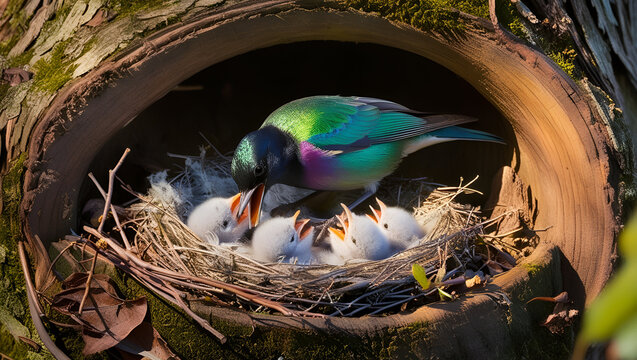 Close-up of a European Starling feeding its baby birds in a tree hollow, surrounded by bark texture