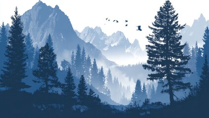 Misty mountain range with dark forest