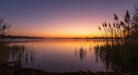 Obraz premium Serene Sunrise over Misty Lake with Reeds and Calm Water Peaceful Dawn Landscape