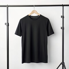 A simple black t-shirt hangs on a wooden hanger against a crisp white background, suspended from a matte black metal garment rack, ideal for showcasing clothing designs or presenting a minimalist fash