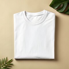A minimalist studio shot showcasing a neatly folded, blank white t-shirt, ideal for showcasing designs, logos or branding, complemented by tropical foliage for a modern and natural aesthetic, rendered