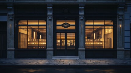 A nighttime view of a fancy, empty shop.  Large windows are visible in a 3D image.
