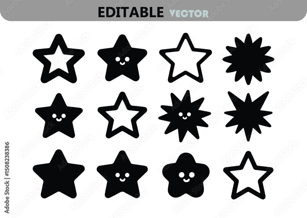 Poster collection of twelve black star icons with different shapes and styles on a white background in vect