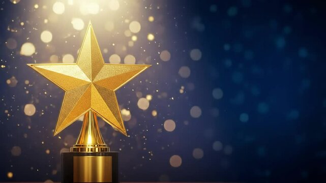 Golden Star Trophy on Blue Background with Sparkling Lights