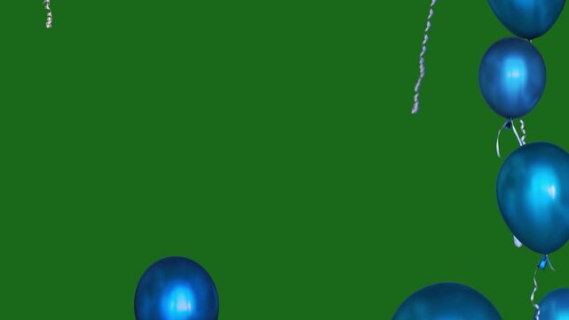 thirty-two blue balloons flying on a green screen