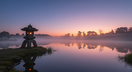 Fototapeta premium Serene Sunrise over Misty Lake with Illuminated Japanese Lantern