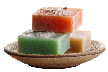 Natural handmade soaps on ceramic dish with salt crystals in assorted colors, cut out