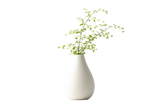 Modern white ceramic vase with lush green foliage against black background, cut out