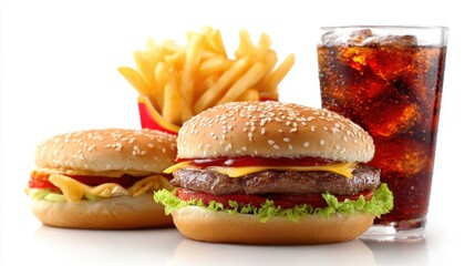 Two hamburgers, french fries, and a soda