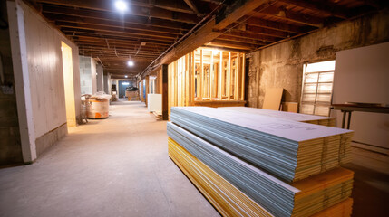 Image shows unfinished basement with construction materials, wooden framing, and exposed ceiling beams, indicating ongoing renovation work in spacious area with bright lighting