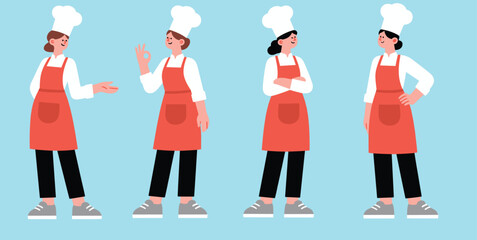 Set of four diverse female chefs wearing white hats and red aprons, standing in various confident and friendly poses, isolated on bright blue background, flat vector illustration