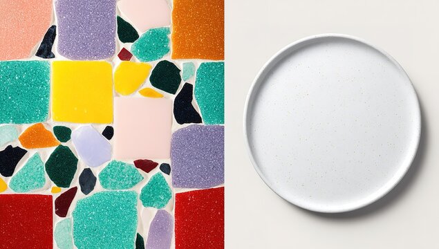 Colorful Mosaic Tiles And Empty Gold Speckled Plate