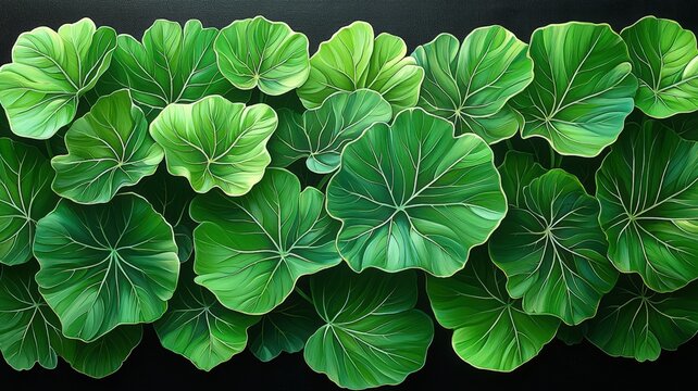 Full Frame Pattern of Overlapping Green Alocasia Leaves Creating a Lush Botanical Display