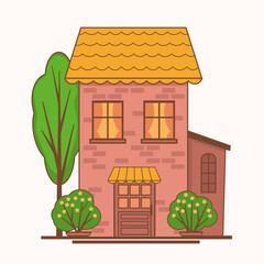 Cute brick house with tile roof, tree and flowering bushes, vector illustration isolated on white background