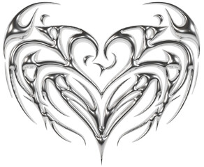 Abstract metallic futuristic 3D tribal y2k chrome heart shape, aesthetic cyber gothic style neotribal tattoo design