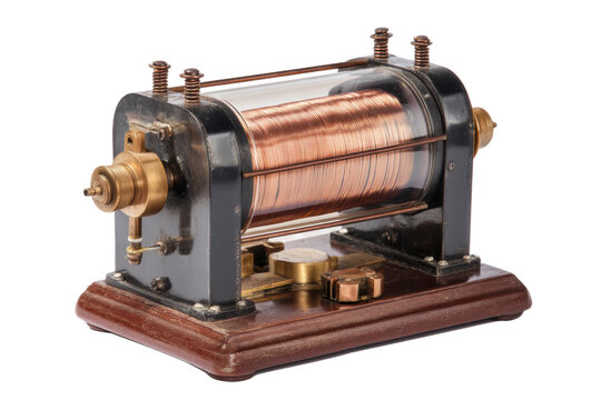 Vintage electromagnet with copper coil on wooden base displaying antique industrial design, cut out