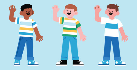 Vector illustration of three diverse boys waving hand happily standing separately with casual clothes sneakers on light blue background isolated flat design
