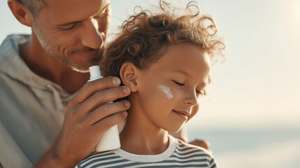 A caring father applies sunscreen to his child's face, ensuring sun protection during a joyful summer day at the beach.