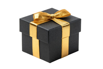 Elegant black gift box with golden ribbon on black background, cut out