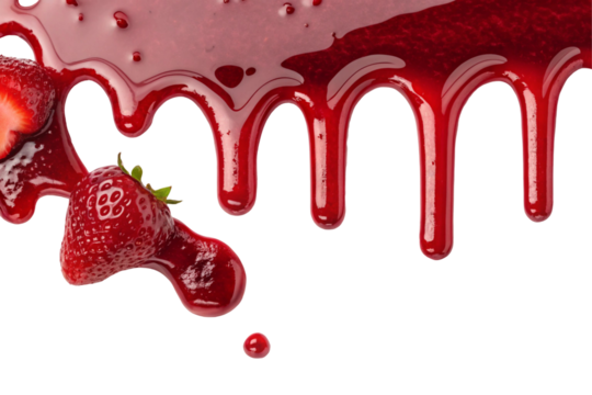 Drips and smears of berry sauce and strawberry syrup isolated on transparent background vector set