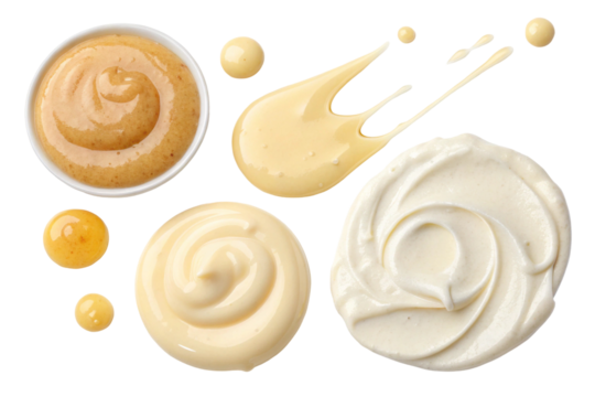 Drips of mayonnaise cheese sauce or vanilla cream isolated on transparent background
