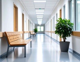 Empty hospital corridor with benches