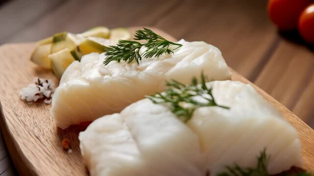 Raw cod fillets garnished with dill and lemons, arranged on a wooden board alongside fresh tomatoes, prepared for cooking.