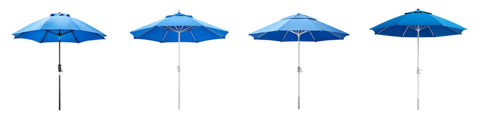 Various blue beach umbrellas showcasing modern designs, perfect for outdoor settings with vibrant colors, providing shade and style for leisurely activities