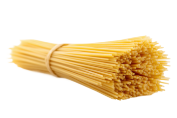 Bundle of uncooked spaghetti pasta tied with elastic band, cut out