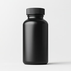 Black matte plastic supplement bottle mockup on a white background, close-up.