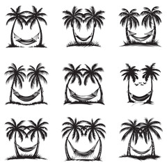 Tropical Hammock Between Palm Trees in Black and White Silhouette