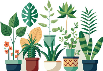 Obraz premium Assorted Potted House Plants Vector Illustration: Green Foliage, Indoor Decor, Botanical Art, Modern Flat Design, Home Gardening Concept