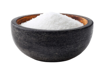 Natural sea salt in rustic wooden bowl isolated on black background, cut out