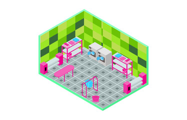 Isometric illustration of clothes washing with trendy colors, vector illustration