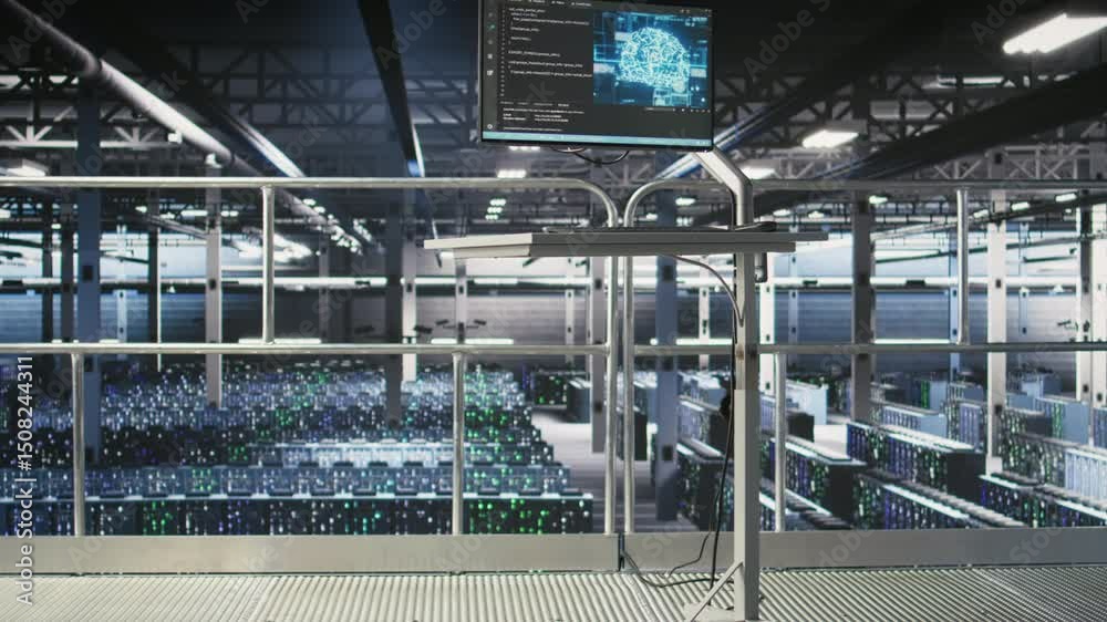 Poster automated infrastructure workstation on industrial platform inside server hub showing ai machine lea