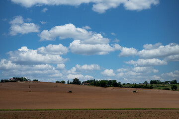 Large field with a few trees and a house in the distance. The sky is mostly clear with a few clouds scattered throughout