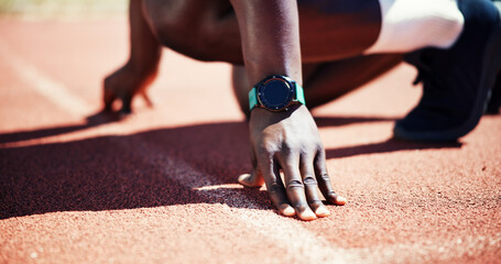 Person, hands and runner ready at starting line for race, sprint or new record time at stadium....