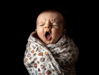 A sleepy baby yawning while wrapped in a blanket, isolated black background