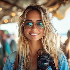 Captivating blonde woman smiles with a vintage camera soaking in summer vibes at an outdoor fair under soft diffused
