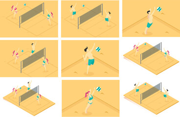 Isometric illustration set of beach volleyball game, women, men and spectators, suitable for digital illustration assets and related purposes