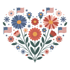 Red White & Blue Floral Heart Clipar  - 4th Of July Usa Independence Day Clipart, American 4th July Design Sublimation, Patriotic Fourth Of July Illustration