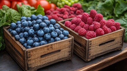 Freshly picked blueberries and raspberries displayed at a vibrant farmers market in summer