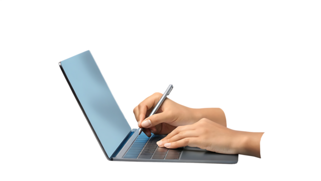 Woman's hands using stylus on laptop screen isolated on a white background